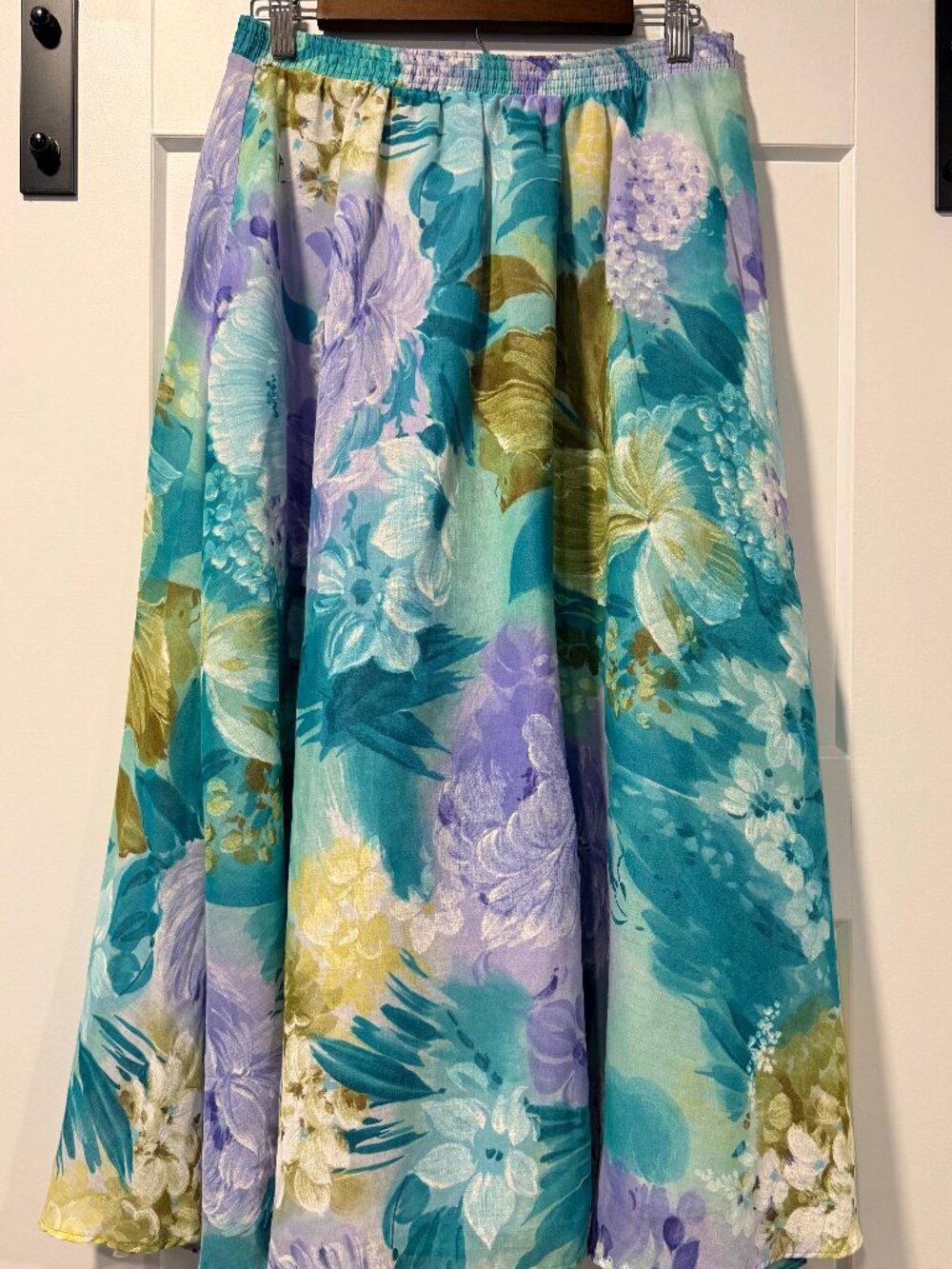 Vintage Teal & Lavender Floral Elastic Waistband Midi Skirt